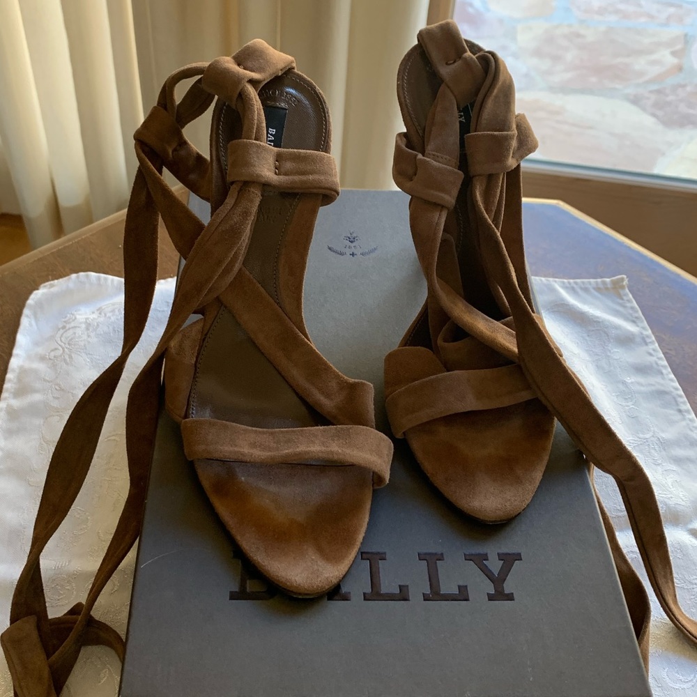 Bally tan suede, height heels , wrap around sandals
